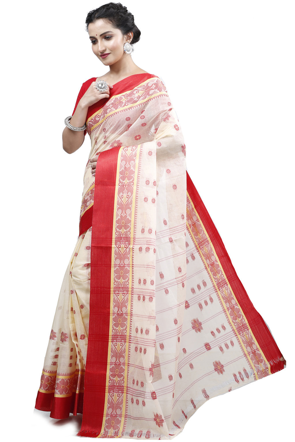 Cream Red Pure Cotton BolLata_Tant Tant Saree (201)